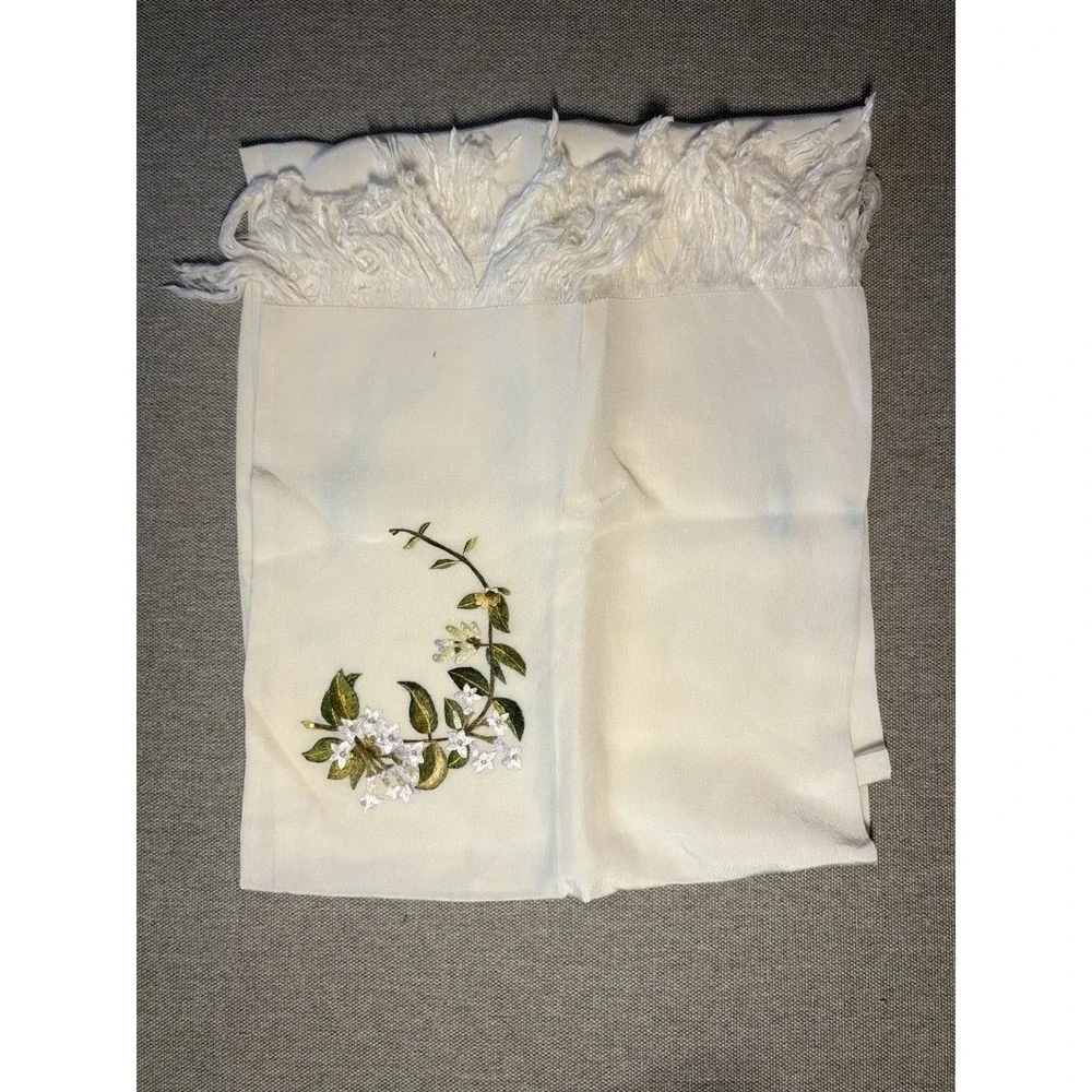 Vintage Cream Silk Embroidered Floral Scarf with Fringe